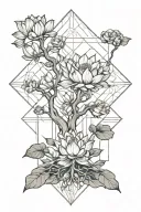 Trunk of a tree that have hand instead of treetop holding a white lotus tattoo design idea