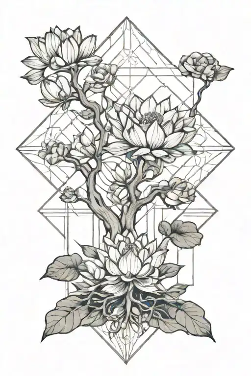 Trunk of a tree that have hand instead of treetop holding a white lotus tattoo design idea