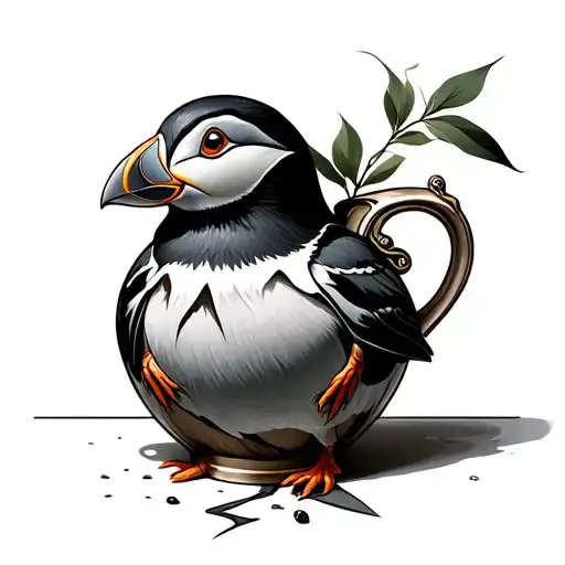 broken vase with puffin tattoo design idea