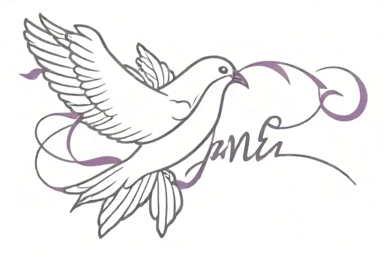 A sketch tattoo of a dove carrying a purple ribbon in its beak, symbolizing peace, love, and your faith, with the name 'Carmen' subtly incorporated in the design tattoo design idea