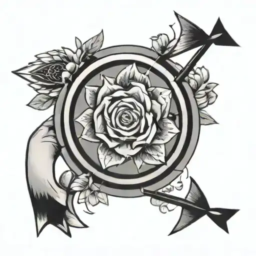 finger gun shooting an arrow through portal and arrow comes out as flower. minimalist tattoo design idea