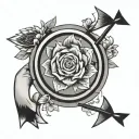 finger gun shooting an arrow through portal and arrow comes out as flower. minimalist tattoo design idea