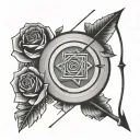 finger gun shooting an arrow through portal and arrow comes out as flower. minimalist tattoo design idea