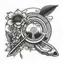 finger gun shooting an arrow through portal and arrow comes out as flower. minimalist tattoo design idea