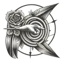 finger gun shooting an arrow through portal and arrow comes out as flower. minimalist tattoo design idea