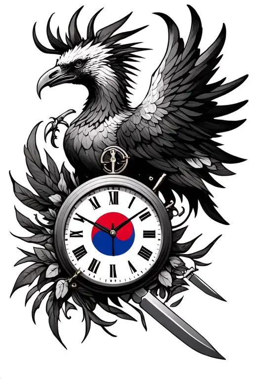 - Phoenix- bullets- knives- craftsmanship/bushcraft- half clock with korean flag symbols as the timing tattoo design idea