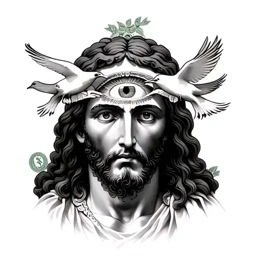 Jesus among dollar bills, above him the third eye with doves forming their eyelashes tattoo design idea