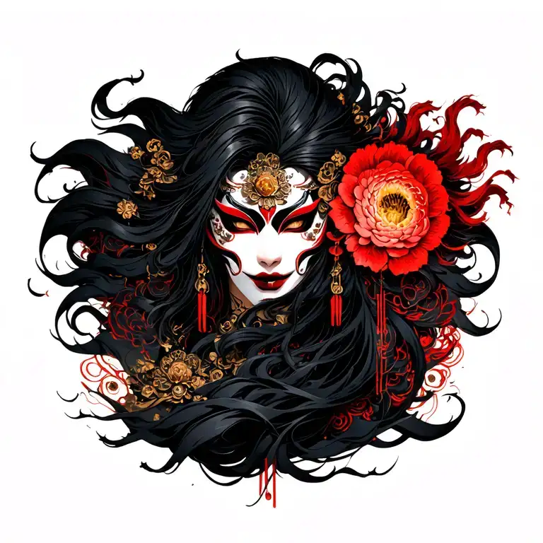 Hannya woman mask, wild hair, fierce gaze. Suzaku on right. Waves from left blend into hair and ornaments. Dark mystic tattoo design idea