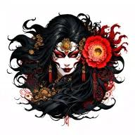 Hannya woman mask, wild hair, fierce gaze. Suzaku on right. Waves from left blend into hair and ornaments. Dark mystic tattoo design idea