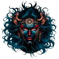 Hannya woman mask, wild hair, fierce gaze. Suzaku on right. Waves from left blend into hair and ornaments. Dark mystic tattoo design idea