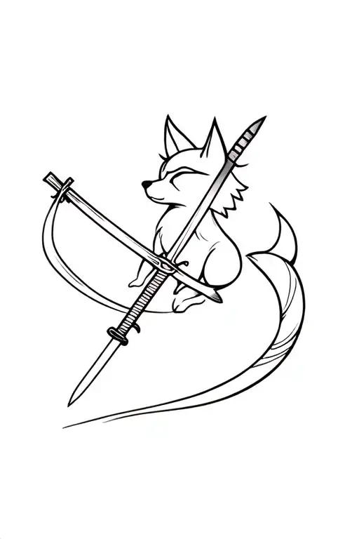 A small fox spinning in a katana swords drawn tattoo design idea