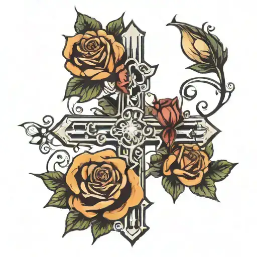American traditional cross with roses tattoo design idea