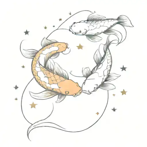 Two koi fish swimming in opposite directions and stars around tattoo design idea