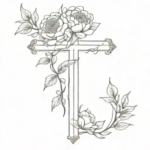 Cross (two simple thick lines) with peonies on a vine wrapped around the cross tattoo design idea