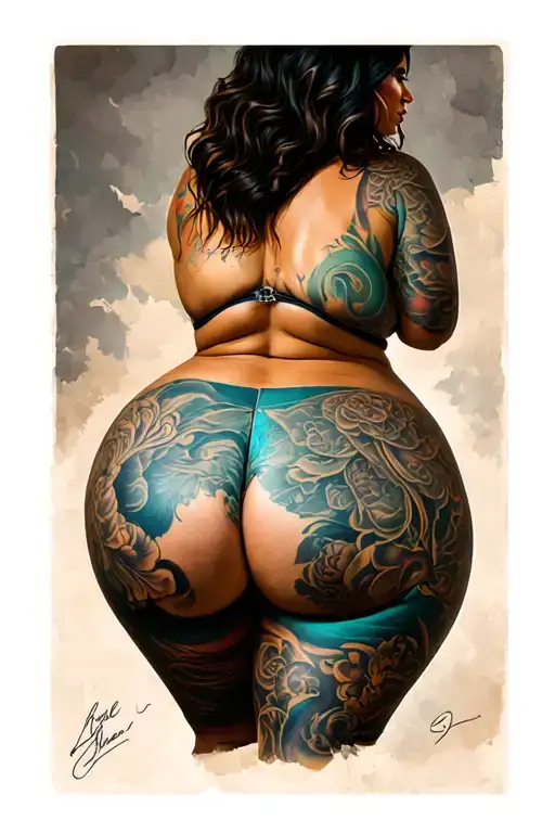 a curvy woman from back view showing her Big buttocks tattoo design idea