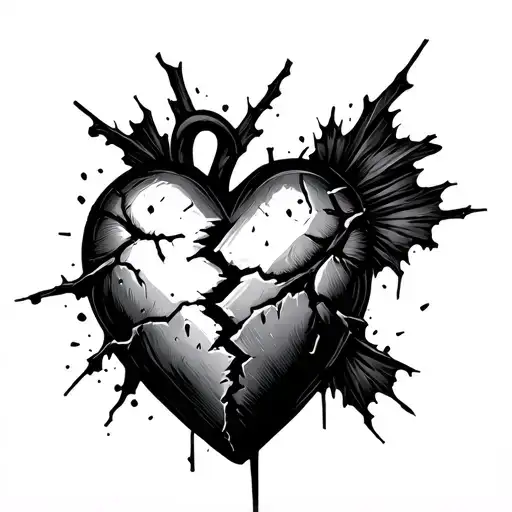broken heart half is normal but the other half is destroyed and crumbling  tattoo design idea