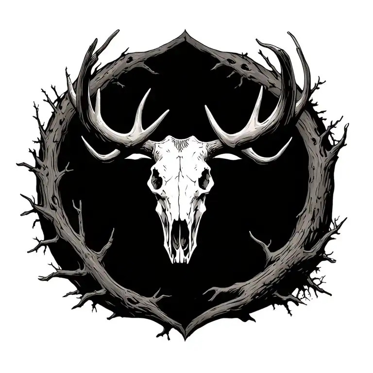 moose skull surround by dead trees tattoo design idea