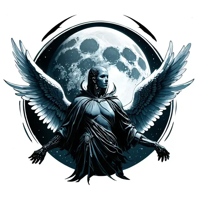 humanoid with wings spreading with dark moon as background  tattoo design idea