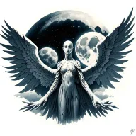 humanoid with wings spreading with dark moon as background  tattoo design idea