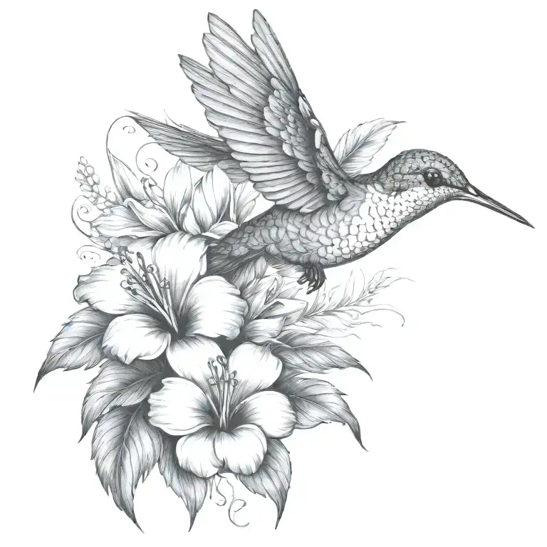 hummingbird with hibiscus and tropical leaves tattoo design idea