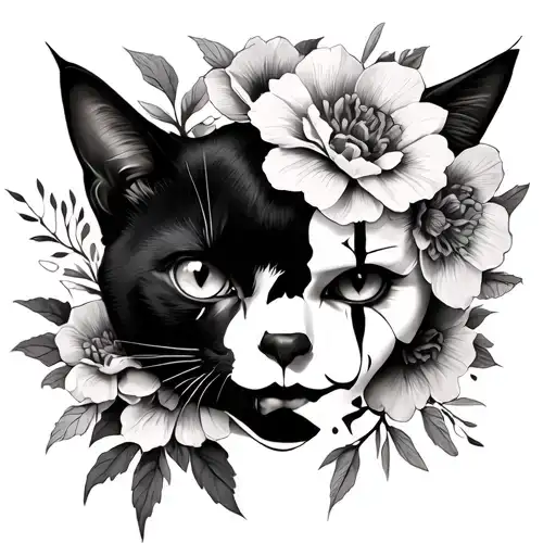Pennywise face with a black cat and flowers simple and feminine  tattoo design idea