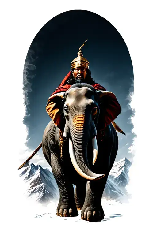 hannibal barca on a war elephant crossing the Alps slightly facing the left tattoo design idea