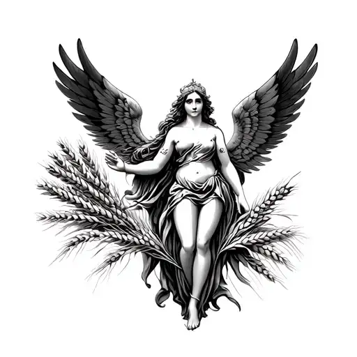 Virgo Maiden goddess holding wheat with wings spread wide tattoo design idea