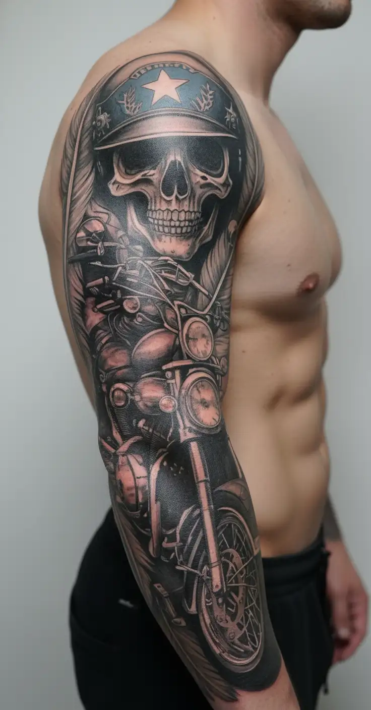 Texas flag, police, indian feathers, harley-davidson motorcycle, guitar, music,  tattoo design idea