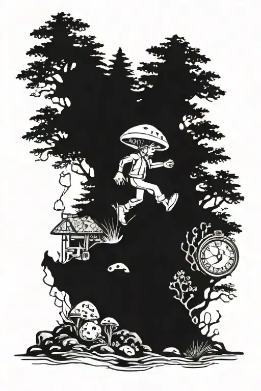 forest, mountain, mushroom, statue of running man, poker cards, clock mechanism, adventure tattoo design idea