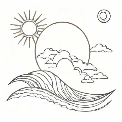 rising sun and waves forming the shape, minimalistic, boho  tattoo design idea
