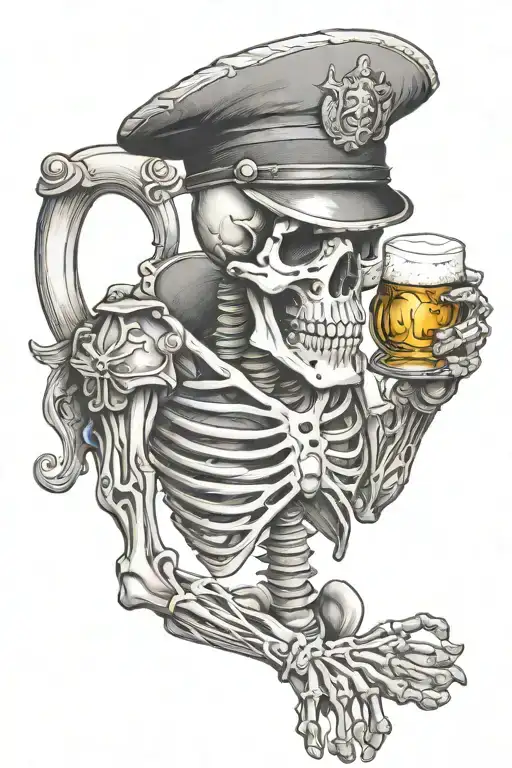 marine skeleton drinking beer mug tattoo design idea