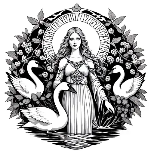 fair haired Celtic Goddess, Aine. surrounded by Swans, rowan berries and the sun tattoo design idea