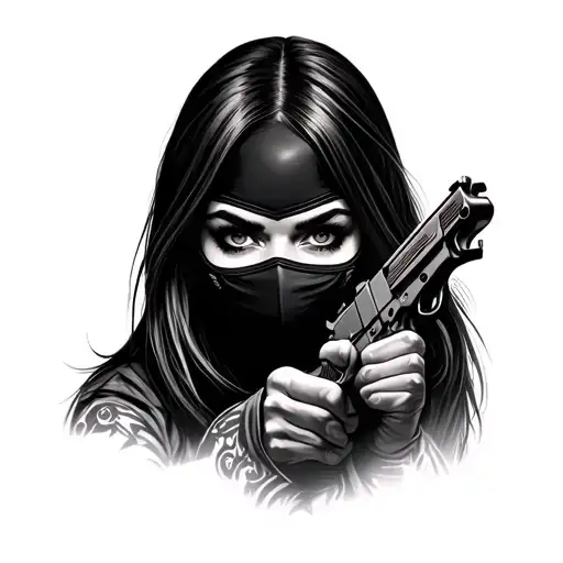 female wearing ski mask holding a gun tattoo design idea