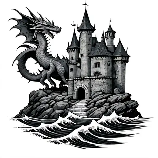 castle on rocks under rocks waves, brick castle with dragon in old school style tattoo design idea