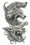 An arched, full body snarling wolf with exaggerated, surrealistic features, Beneath it, two intertwined snakes, fangs  tattoo design idea