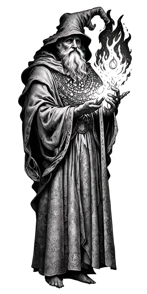 wizard with orb fire tattoo design idea