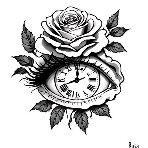  eye and the pupil is a clock and then in the middle of the forearm there is a rose and on the stem it says Rosa. Around tattoo design idea