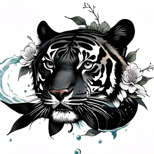 koi fish and tiger surounded with water and flowers tattoo design idea