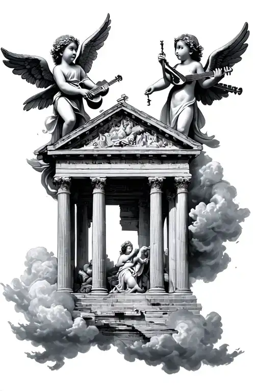 small angels playing instruments in clouds  with a roman architecure building  tattoo design idea