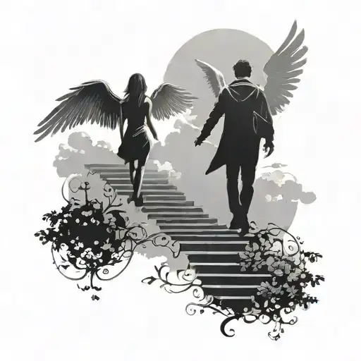 STAIRS TO HEAVEN, MAN AND WOMAN WITH WINGS SILHOUETTE tattoo design idea
