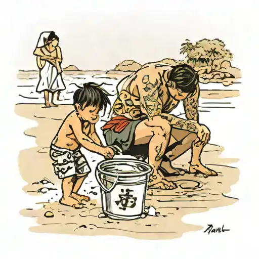 A young boy, standing on sandy beach with a bucket. Next to the boy, kneeling, his mother tattoo design idea