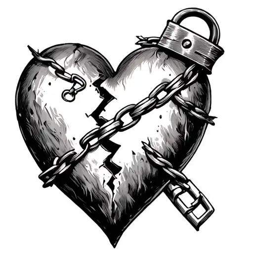broken heart stitched up and padlocked tattoo design idea