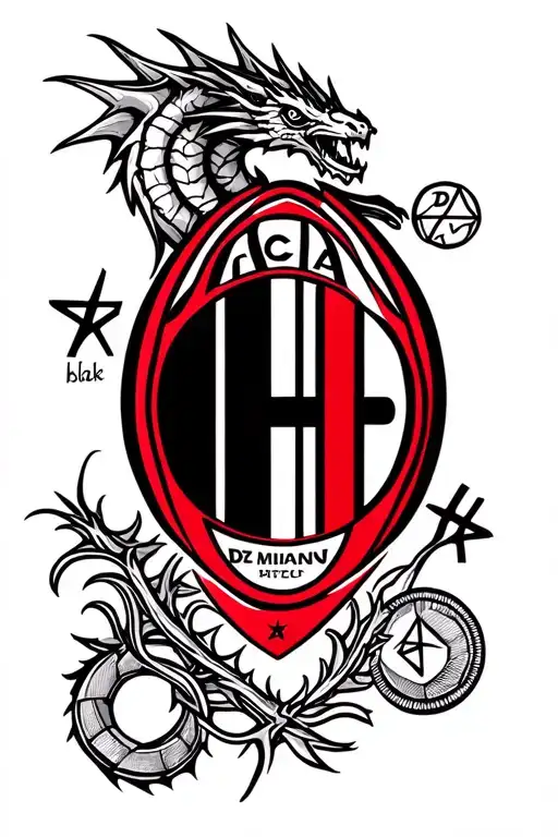 Combine the AC Milan logo with elements from the D&D world, such as a D20 or a dragon tattoo design idea