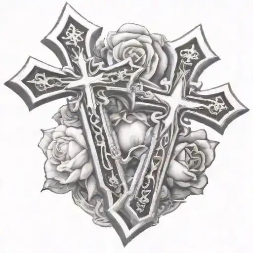 two chrome hearts crosses very close to eachother with a rose behind them tattoo design idea