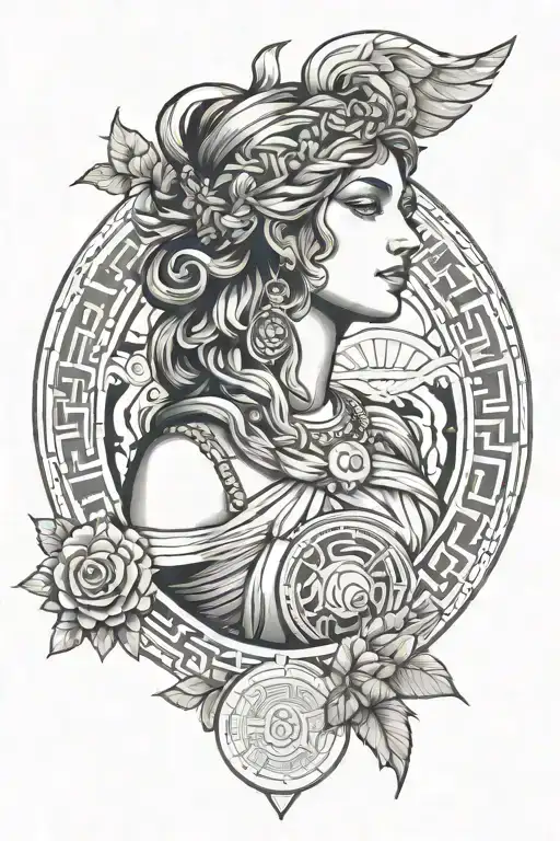Greek goddess in a circle with rectangle shapes outside the circle with geometric shapes hanging off it tattoo  tattoo design idea