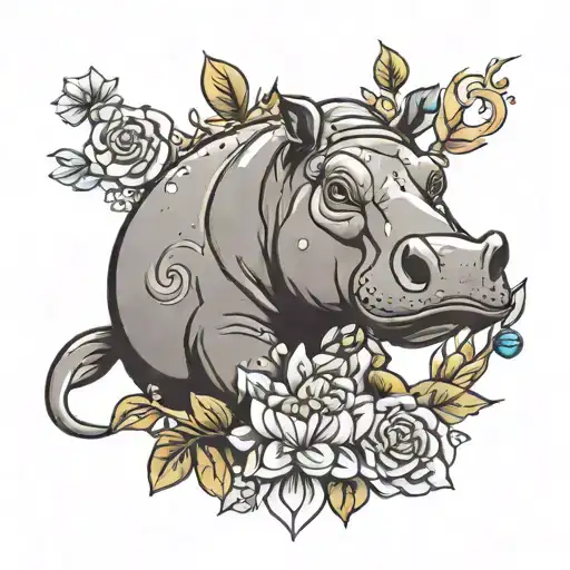 hippo surrounded tattoo design idea
