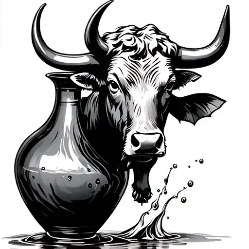 A bull formed by water that is coming out of a vase, a bull up vase below, that does not mix just that it comes out of the jar tattoo design idea
