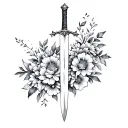 celestial sword wrapped in flowers intertwined. Black and white tattoo design idea