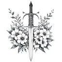 celestial sword wrapped in flowers intertwined. Black and white tattoo design idea
