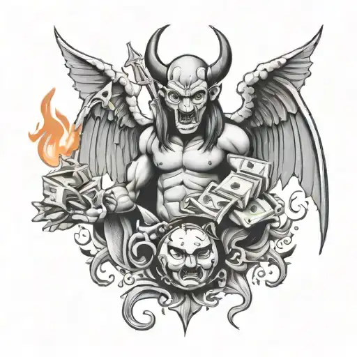 devil angel with money and fire tattoo design idea
